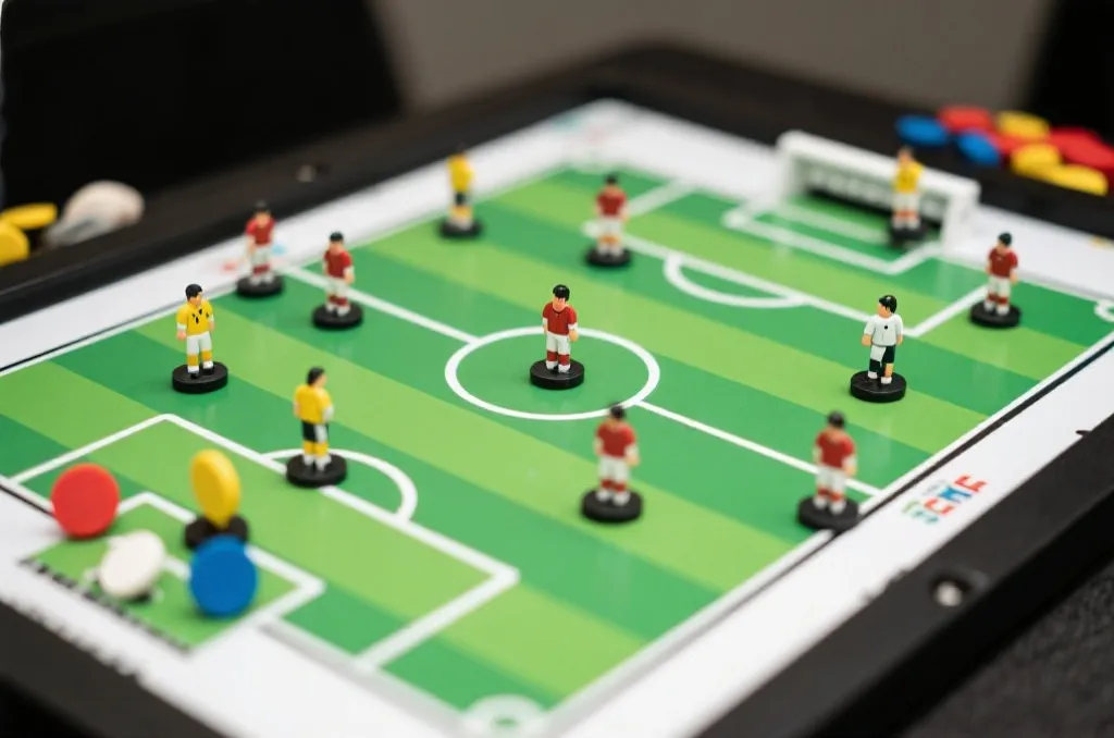 A close-up of a tactical football board with detailed player positions and magnetic markers, showcasing analytical sports planning