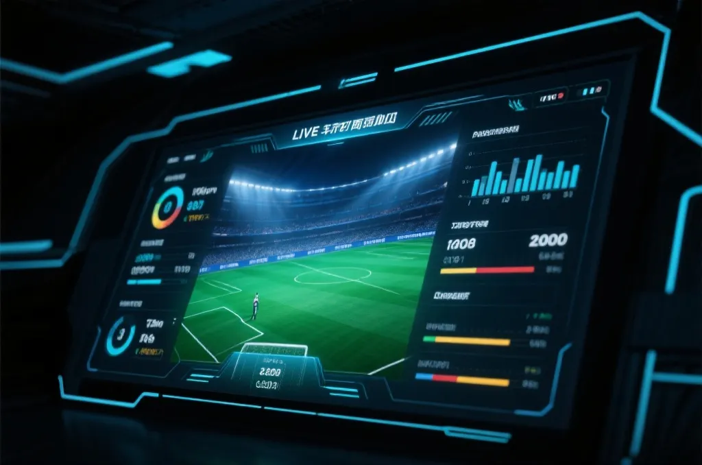 A conceptual digital visualization of live football match statistics on a dark futuristic screen