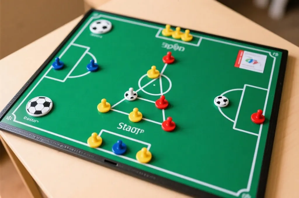 A tactical soccer board with magnetic pieces showing a group stage bracket diagram